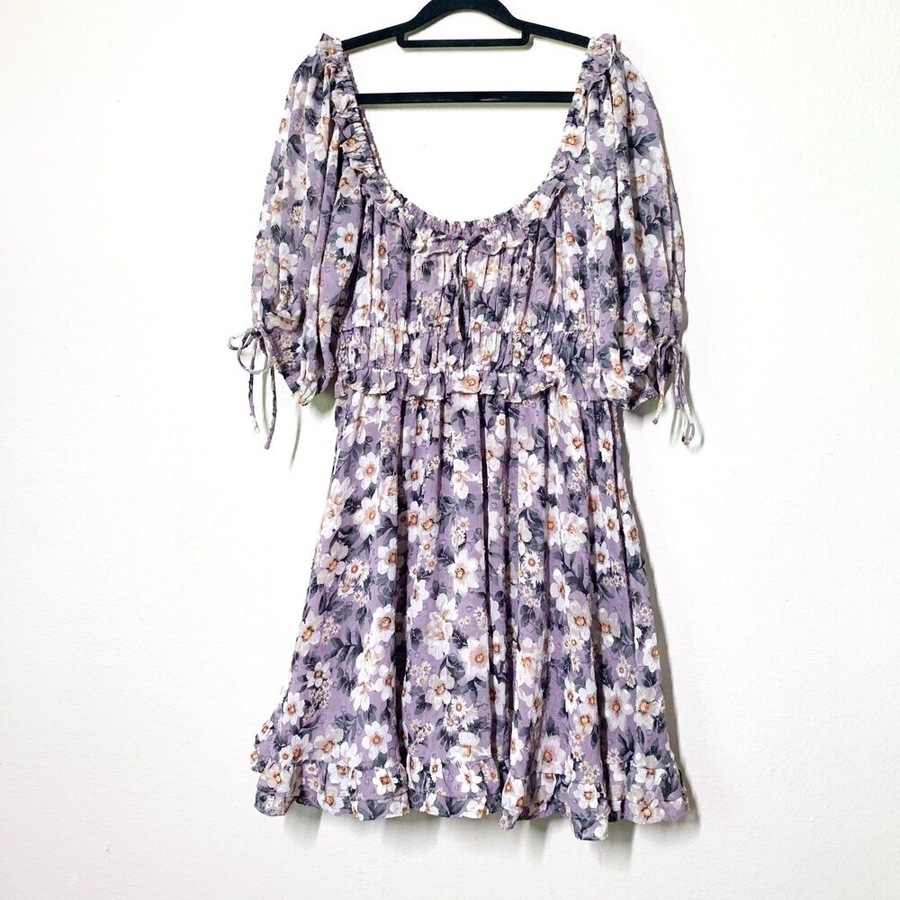 En Saison Floral Mini Dress L Purple Puff Short Sleeves Peasant NEW NWT